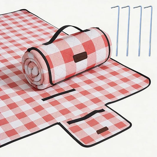 HX&OD Outdoor Picnic Blanket, Extra Large, 80''x80'' Waterproof Foldable Blankets Gingham Picnic Mat for Beach, Camping Grass Lawn Park Accessories Cute Couple Ideas Wedding (Red, 80”x80”)