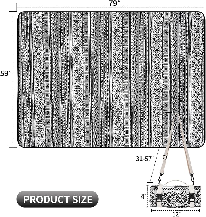 Picnic Blankets Outdoor Extra Large-Waterproof Picnic Blanket with Shoulder Carry Strap | Machine Washable Picnic Mat with Sandproof Backing for Park , Grass, Camping, Hiking, Concerts (Black)