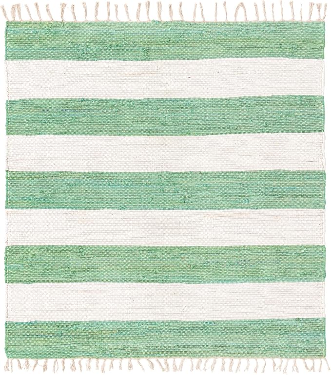 Unique Loom Chindi Rag Collection Area Rug - Striped (5' 1" Square, Green and Ivory)