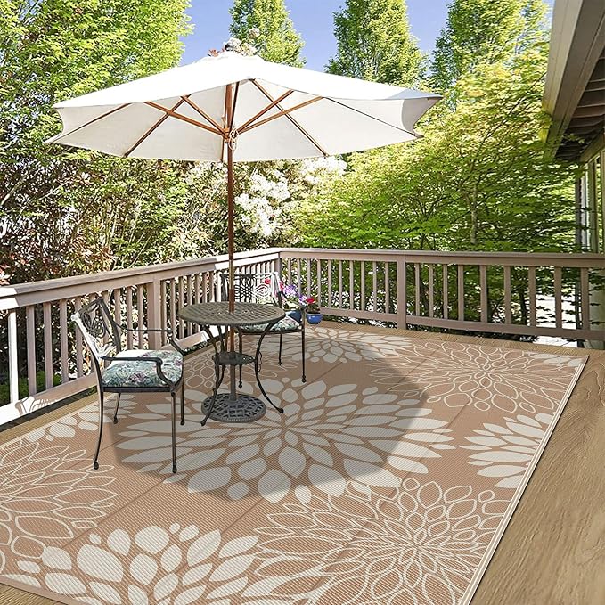 Ileading Waterproof Outdoor Rug 6x9, Reversible Plastic Straw Patio Rug, Portable Indoor Outdoor RV Camping Mat Carpet for Deck, Porch, Balcony, Backyard, Picnic, Floral Brown