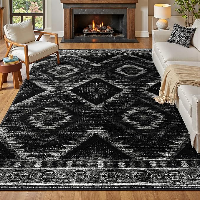5'x8' Washable Area Rug for Living Room Bedroom Black | Soft Western No Slip Low Pile Print Foldable Indoor for Kitchen Dining Room