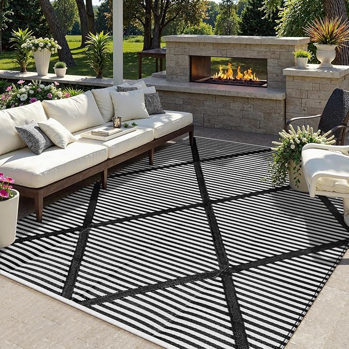 Lahome Outdoor Rug 8x10 Patio Waterproof, Plastic Straw Reversible Rv Rugs for Outside, Large Portable Porch Decor Camping Carpet for Balcony Tent Travel, Black 8'x10'