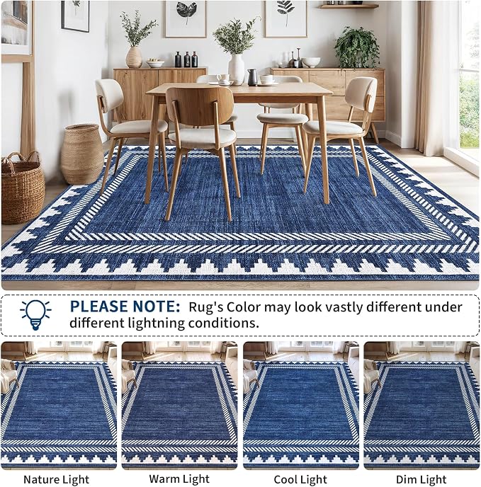 GarveeHome Area Rug 9x12 Modern Geometric Rug with Non Slip TPR Backing, Unique Bordered Neutral Washable Carpet, Soft Low Pile Floor Covering Non Shedding Neutral Mat for Open Spaces Office, Blue