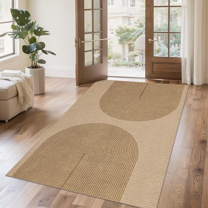 Easy Jute Rug 4x6 Outdoor: Natural Modern Area Rugs for Patio Porch Deck Linen-Look Fabric Durable - Neutral Washable Carpet for Entryway Living Room Bedroom Indoor Non Slip - Geometric Arch Pattern