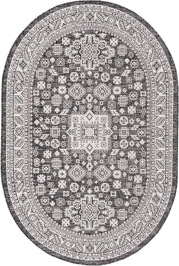 Unique Loom Outdoor Aztec Collection Area Rug - Chalca (5' 3" x 8' Oval, Charcoal Gray/ Ivory)