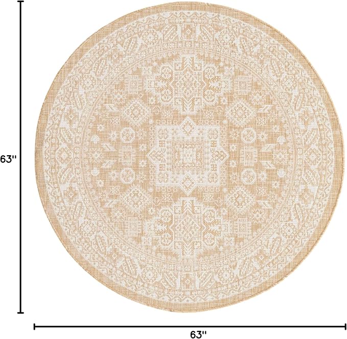 Unique Loom Outdoor Aztec Collection Area Rug - Chalca (5' 3" Round, Natural/ Ivory)