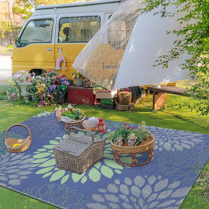 Ileading Waterproof Outdoor Rug 5x8, Reversible Plastic Straw Patio Rug, Portable Indoor Outdoor RV Camping Mat Carpet for Deck, Porch, Balcony, Backyard, Picnic, Floral Navy Blue