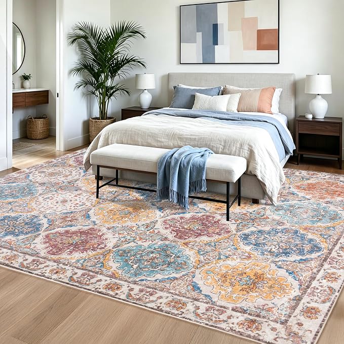 Moroccan Boho Floral Geometric Patchwork Washable 5x8 Large Area Rug | Vintage Distressed Non Slip Throw Carpet for Bedroom Livingroom Kitchen Hallway Entryway Office Dining Room Docer, Colorful