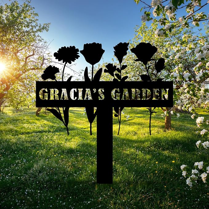 Personalized Flowers Garden Sign with Stakes, Customized Metal Sign for Outdoor, Custom Flowers Metal Garden Decor, Sign for Flower Beds, Metal Yard Art, Patio Garden Decorations, Housewarming Gift