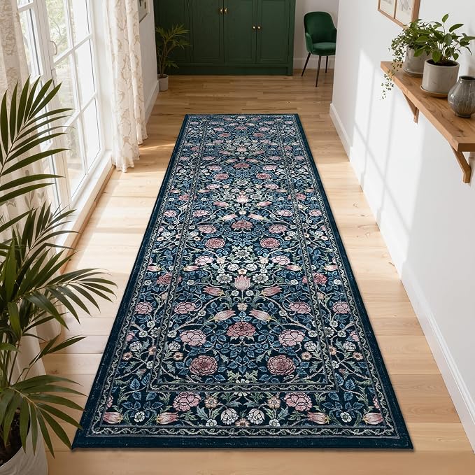 GarveeHome Blue Floral 2x6 Kitchen Runner Rug for Hallways | Washable Entryway Bedroom Bathroom Dorm Rug Vintage Boho Rugs Low-Pile Non-Slip Stain Resistant TPE Backing