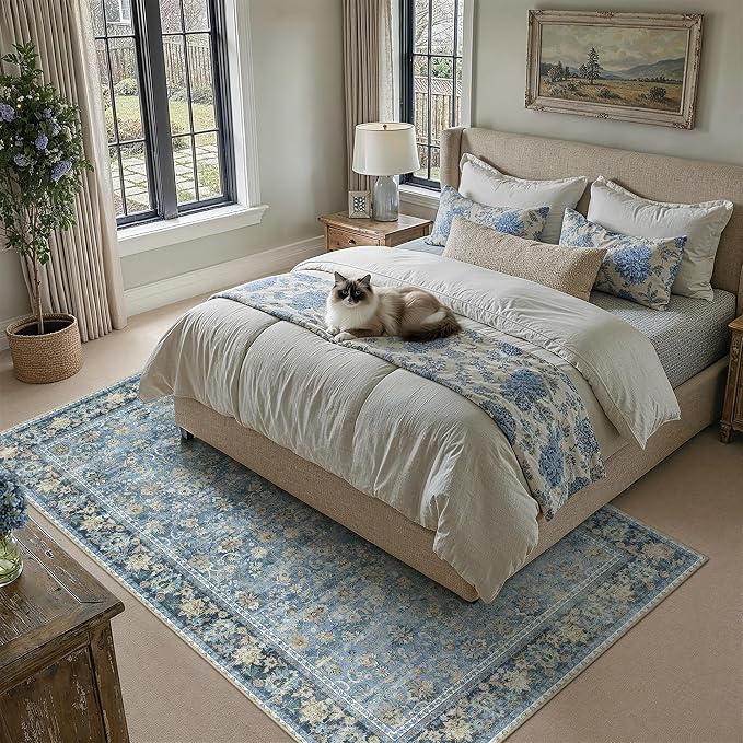 HUGEAR 6x9 Machine Washable Rugs Light Blue Hallway Large Area Rug Indoor Accent Rug Floral Low Pile Carpet Soft Throw Aesthetic Rug Bedroom Living Room Office Dining Room Kitchen Laundry Room