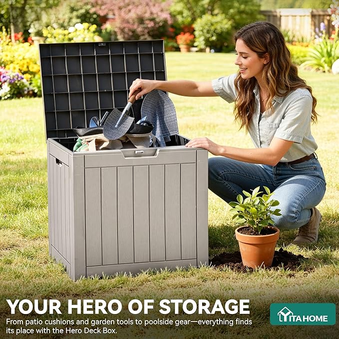 YITAHOME 31 Gallon Outdoor Storage Deck Box | Waterproof Resin Package Delivery and Storage Box with Lockable Lid for Patio Furniture Cushions, Pool Accessories, Garden