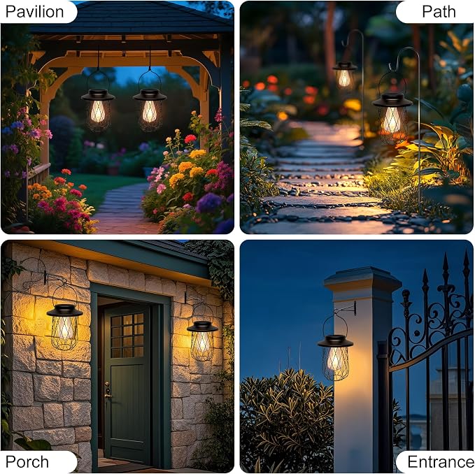 Livinlarge Solar Lanterns Outdoor Waterproof,2 Pack Solar Lantern for Outside Hanging Patio Porch Garden Yard Decor,High Brightness LED Solar Powered Lighting,Gardening Lovers Mom Gifts