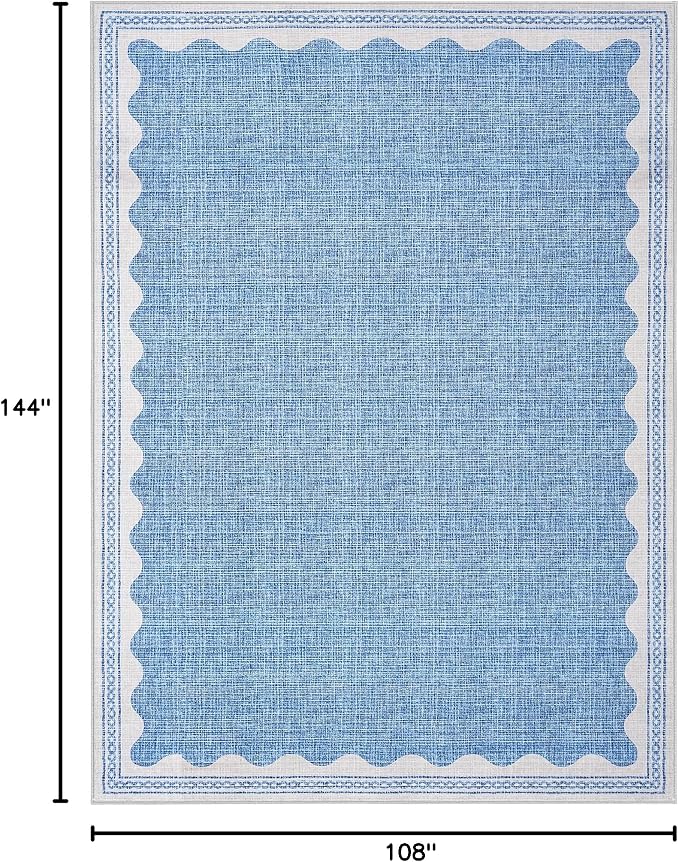 GarveeHome Scalloped Washable Rugs 9x12 Rug for Living Room Non-Slip Solid Blue Modern Minimalism Low-Pile Carpet 9 x 12 Rug for Bedroom Dining Nursery Mat with Rubber Back