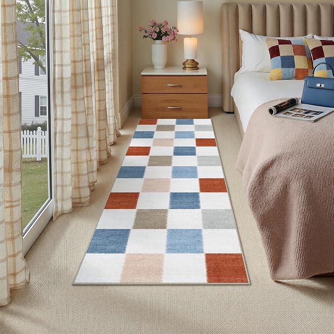 2x6 Washable Runner Rug Kitchen Colorful Non Slip Checkered Carpet | Soft, Low Pile, Modern, Pet Friendly, Indoor Rugs for Hallway, Entryway, Laundry Room, Bathroom