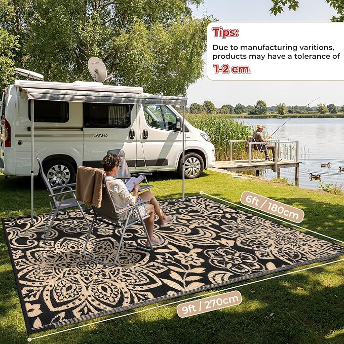 Findosom Waterproof Outdoor Rug 6' x 9' - Reversible Mandala Outdoor Plastic Straw Rug, Durable Foldable Patio Rug for RV, Deck, Balcony, Backyard, Picnic, Porch, Camping, Beach, Black