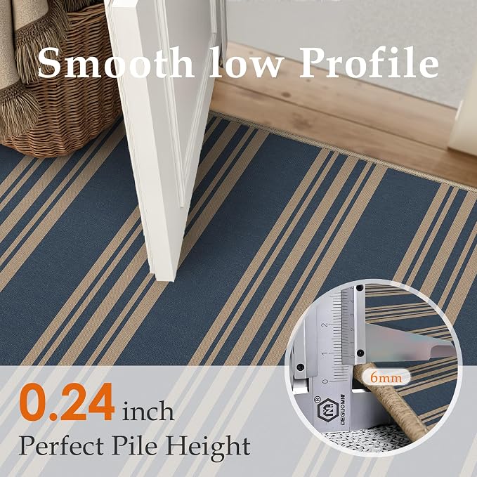 PureCozy Striped Easy Jute Rug 4x6 Blue Entryway Carpet Washable Non Slip Office Door Mat Farmhouse Neutral Non Shedding Small Indoor Outdoor Rug for Bathroom Kitchen Bedroom Living Room
