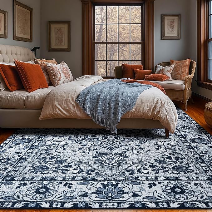YJ.GWL Area Rugs for Living Room 6x9 Machine Washable Rugs, Non Slip Floral Vintage Rug Indoor Carpet, Stain Resistant Large Rug for Bedroom Dining Room, Navy Blue