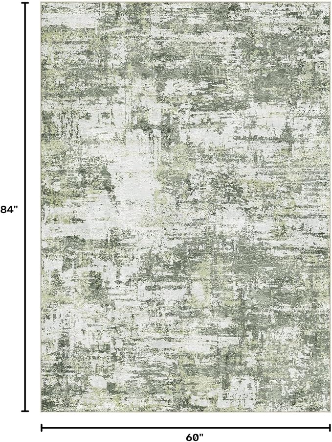 Tortania Washable 5x7 Area Rug for Living Room: Modern Abstract Neutral Large Soft Thin Rugs - Non Slip Indoor Carpet for Bedroom Dining Room Office Nursery Home Floor Decoration - Green