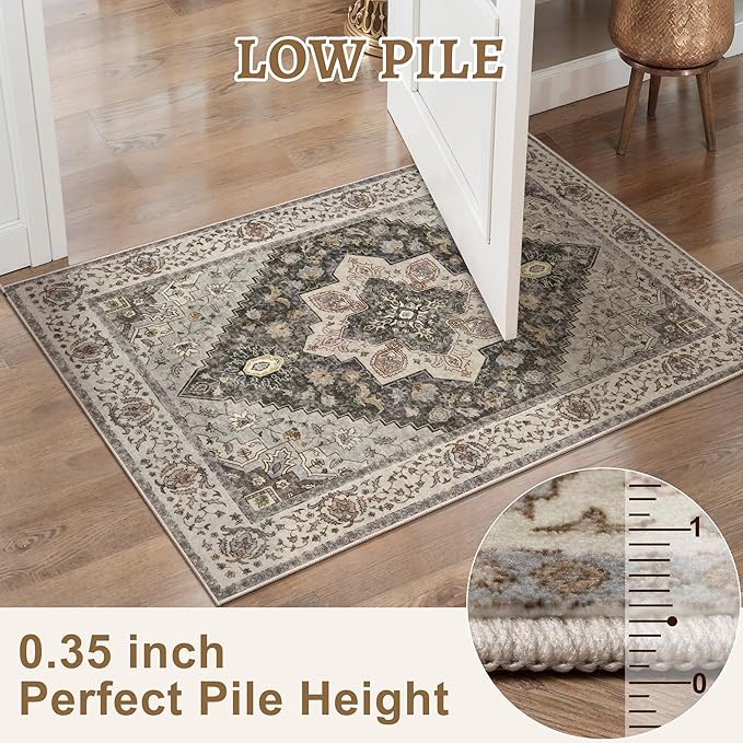 Tangsoo 2.6x8 Washable Runner Rugs for Hallway, Non Slip Vintage Grey/Multi | Farmhouse Soft Low Pile Long Runner, Boho Carpet Hallway Runners for Kitchen Bedroom Entryway Bathroom Living Room Home Decor