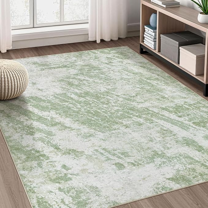 DMOYEST 6x9 Area Rug for Living Room Washable Abstract Indoor Carpet | Neutral Modern Low Pile Rugs Kid & Pet Friendly Soft Thin Carpet for Bedroom Dining Room and Office - Light Green