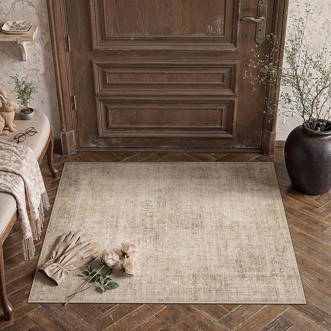 2x3 Beige Vintage Area Rug | Washable, Non Slip, Soft Low Pile, Neutral Farmhouse, for Entryway Kitchen Bathroom Living Room Bedroom Indoor Home Decor