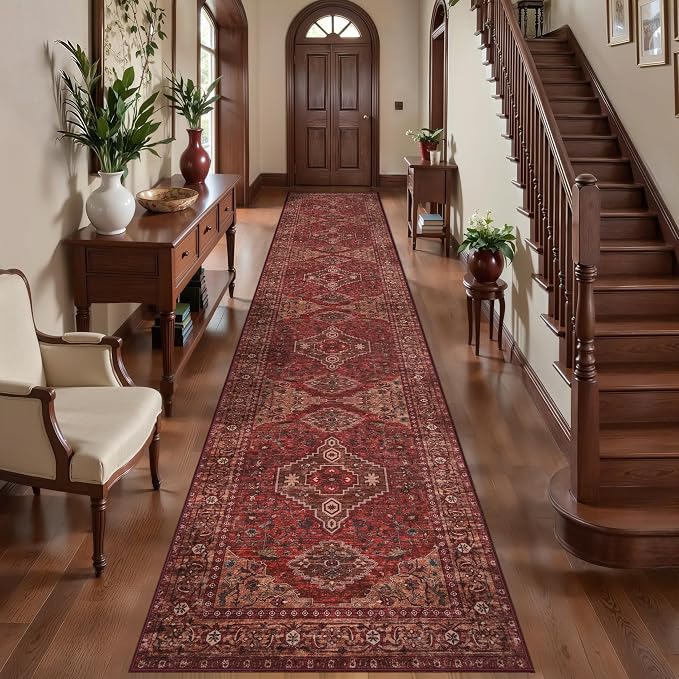 Tangsoo Red Boho 2.6x14 Washable Runner Rug for Hallway,Non Slip Runner Rug | Vintage Soft Low Pile Long Rug Runners, Oriental Print 14ft Carpet Runners for Kitchen Bedroom Entryway Living Room Dark Red