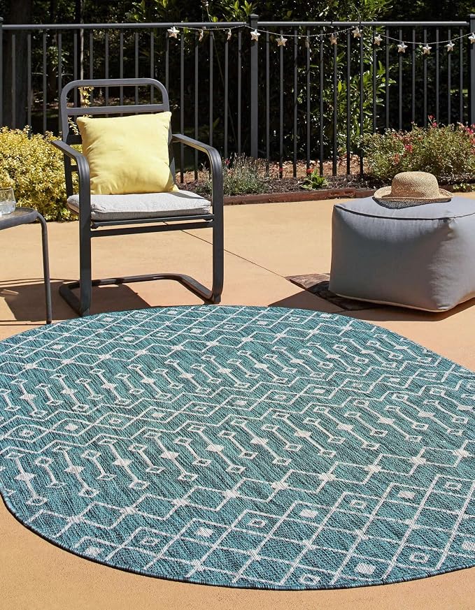 Unique Loom Outdoor Trellis Collection Area Rug - Tribal Trellis (5' 3" x 8' Oval, Teal/ Ivory)