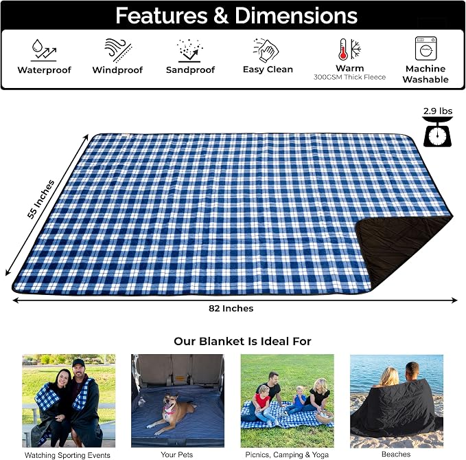 BRAWNTIDE Large Waterproof Outdoor Blanket, Extra Thick Fleece, Warm, Windproof & Sandproof, Quilted Stadium Blanket for Sports Events, Beach, Camping, Picnics, Dogs & Car, 82" x 55
