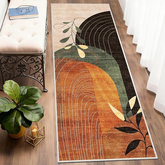 Washable Runner Rug 2x6 Area Rug Non Slip Mid Century Modern | Long Throw Carpet Runner for Hallway Kitchen Bedroom Bedside Laundry Room Floor Boho Abstract Retro Terracotta Rust