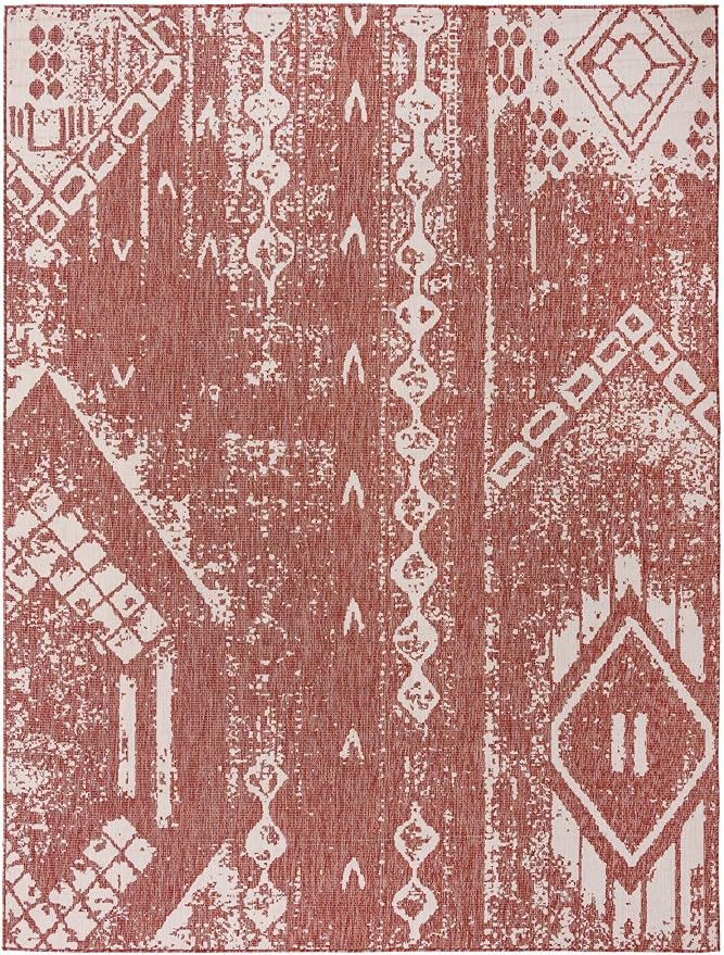 Unique Loom Outdoor Bohemian Collection Area Rug - Anthro (9' x 12' Rectangle, Rust Red/ Ivory)