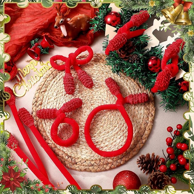 Jutom 16 Pcs 20 Inches Christmas Velvet Garland Ties Decorative Banister Twist Ties Reusable and Flexible for Xmas Light Banisters Home Stairways Railings Decoration(Red)