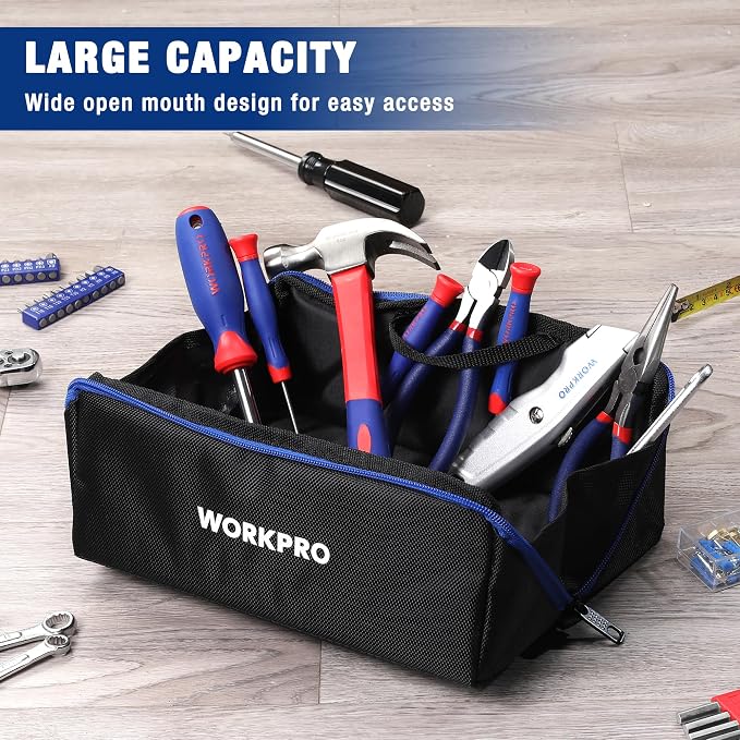 WORKPRO Tool Bag with Zipper, 10" Utility Wide Mouth Heavy Duty Tool Storage Bag, Multipurpose Zipper Tool Pouch Tote Bag for Organizer 3-pack