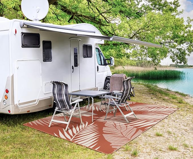 GENIMO Outdoor Rug 5' x 8' Waterproof for Patios Clearance, Reversible Plastic Straw Camping Carpet, Large Area Rugs Mats for RV, Picnic, Backyard, Deck, Balcony, Porch, Beach, Brick&Red