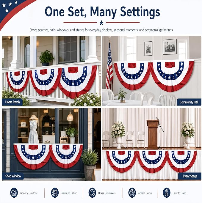 6 Pack USA Pleated Fan Flags - 6x3 FT Large American Flag Bunting for Outside, Red White Blue Bunting Banner with Brass Grommets, Patriotic Porch Decor for Independence Day, July 4th, Memorial Day