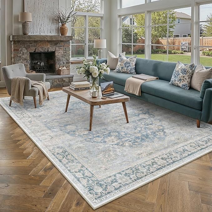 9x12 Blue Farmhouse Area Rug | Washable, Non Slip, Soft Low Pile, Neutral Vintage, Large, for Living Room Bedroom Dining Room Office Indoor Home Decor