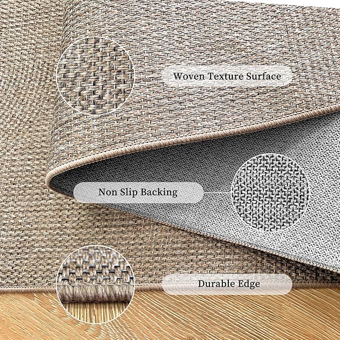 Easy Jute Rug 8x10 Outdoor: Natural Area Rugs for Patio Linen-Look Durable - Neutral Large Washable Carpet for Living Room Bedroom Dining Room Non-Slip - Swirl Curved Pattern