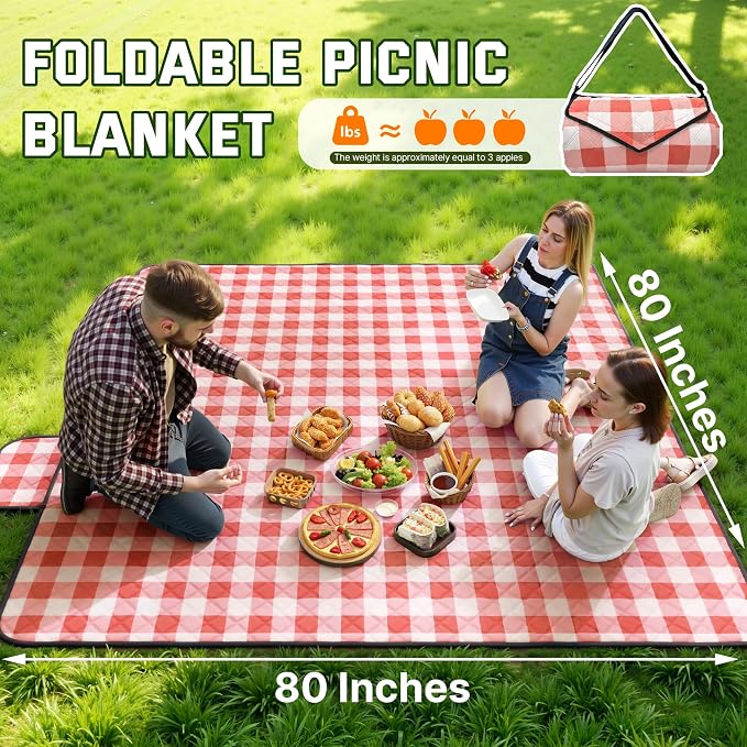 TigeJoy Extra Large Picnic Blanket Waterproof Foldable 80''x118'', Outdoor Picnic Mat Beach Blanket Sandproof for Park, Grass, Travel, Hiking, Camping Essentials, Gingham Picnic Blanket