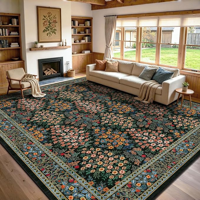 8x10 Area Rugs, Machine Washable Low Pile Floral Rugs for Living Room, Bedroom, Large Boho Area Rug with Non-Slip Backing for Dining Room(Black Floral)