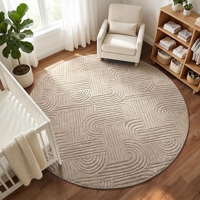 Etwel 6.5 ft Taupe Geometric Textured High-Low Pile Washable Round Rug | Modern Soft Carpet, Non-Slip PVC Backing, Low Profile, Kid and Pet Friendly, for Living Room, Bedroom, Dining Room, Nursery