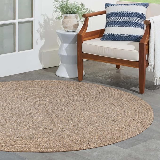 Superior Indoor/Outdoor Area Rug, Reversible Braided Floor Decor for Living Room, Kitchen, Patio, Front Porch, Modern Boho Farmhouse Rugs, Hardwood, Bedroom Accessories, 4' Round, Latte