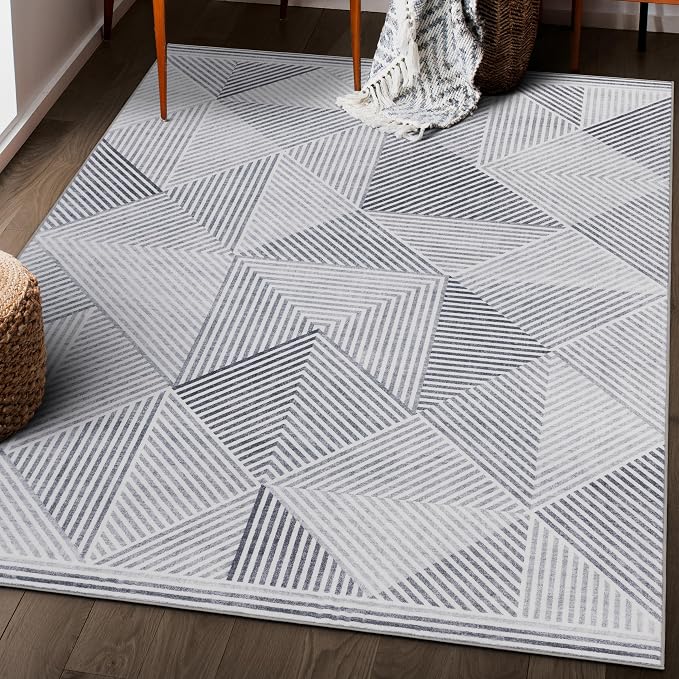 Machine Washable Area Rug - Living Room Bedroom Bathroom Kitchen Entryway Office - Padded Crease Free Stain Resistant Premium - Modern Geometric Contemporary - Miles - Gray 7'6" x 9'6"
