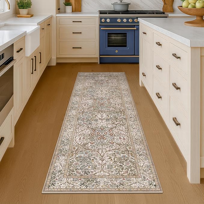 2x6 Washable Bathroom Runner Rug Non Slip - Moss Green Small Runner Rug for Kitchen, Bedroom, Hallway, Stain Resistant Kitchen Floor Mat, Ultra Soft Vintage Oriental Taupe Brown Décor Low Pile