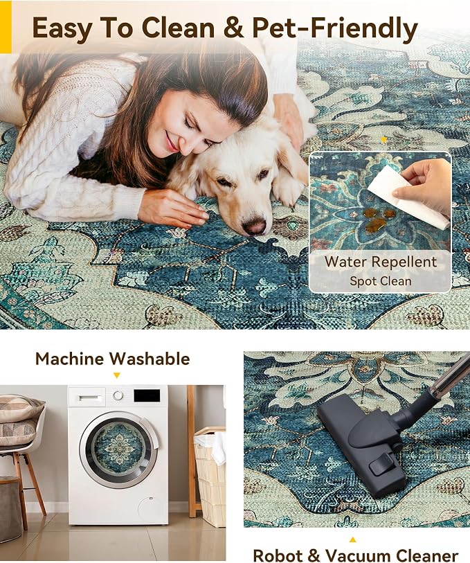RELEANY Washable Area Rug, Round 6ft, Blue/Vintage Dark Blue | Non-Slip, Water Repellent, Pet Friendly, Easy to Clean, Vintage Floral Boho Decor for Living Room Bedroom Dining Room