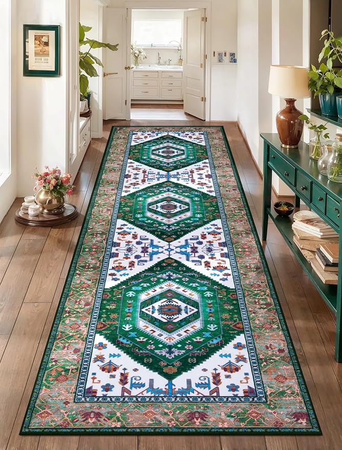SERISSA 2'6"x8' Washable Non Slip Boho Runner Rug for Hallway，Green White | Ultra Soft Vintage Oriental Carpet Low-Pile Distressed Tribal Floor Carpet for Kitchen Bedroom Bathroom Laundry Room