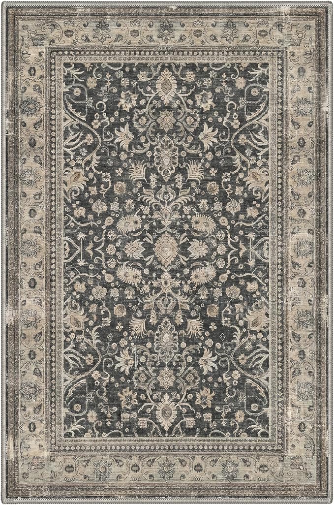 2x3 Doormat, Vintage Floral Washable Non Slip Area Rug for Entrance | Oriental Floral Soft Low Pile Boho Rug for Entryway Bedside Kitchen, Stain Resistant Lightweight Easy Care, Dusty Charcoal