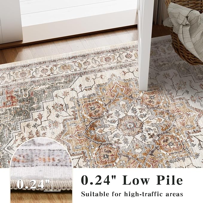 2x5 Vintage Runner Rug Low Pile Non-Slip Washable Kitchen Rug | Retro Distressed Print Rug Orange Gray Carpet Stain Resistant Non-Shedding Long Rug for Hallway Kitchen Bedroom Laundry Room
