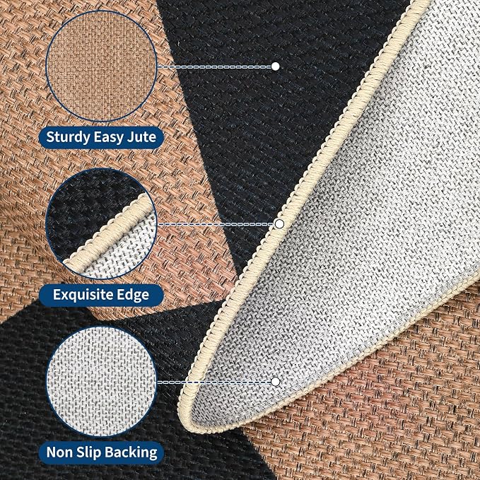 GarveeHome Easy Jute Area Rugs 6x9 for Living Room Non-Slip Backing Checkered Rugs Machine Washable Modern Indoor Outdoor Carpets for Dining Room Nursery Patio Bedroom Backyard Camping Black Tan