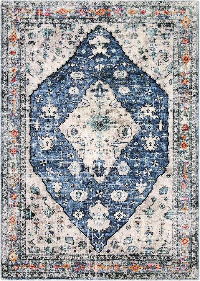 Lahome Felice Boho Tribal Area Rug - Blue 5x7 Large Rug for Bedroom Soft Non Slip Washable Non Shedding Living Dining Room Mat, Indoor Turkish Office Carpet for Dorm Kitchen Nursery Dining Bedroom