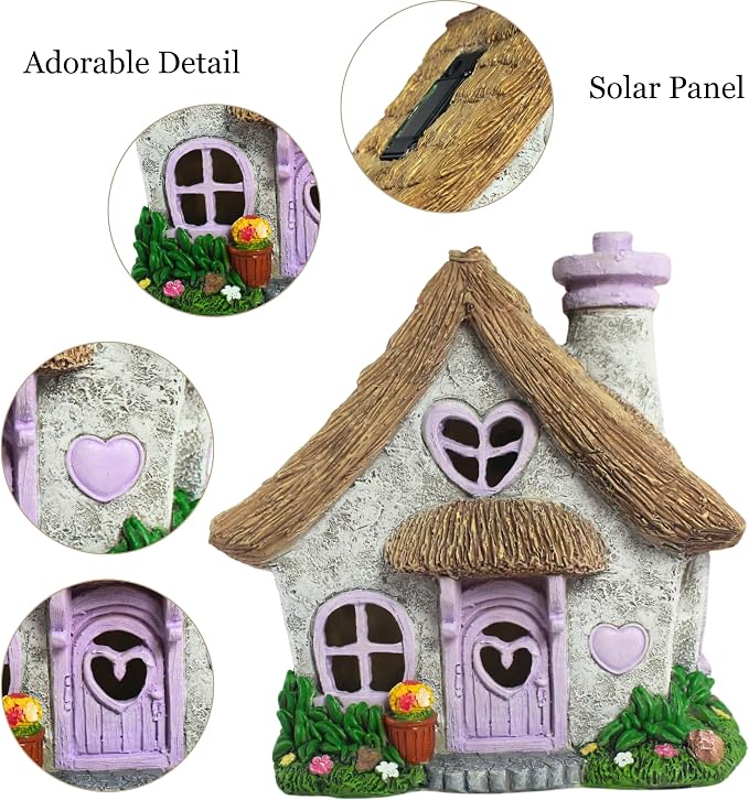 PRETMANNS Fairy House for Outside with Solar Powered LED Lights for Garden - Fairy Garden Houses for Outdoor - Miniature Accessories for Cottage Decor for Village - 7.56” High, Lavender